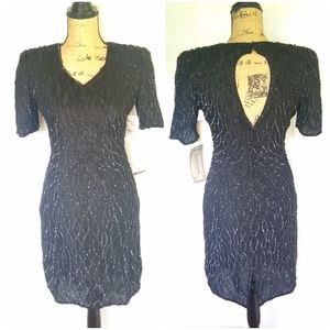 VINTAGE sequined beaded silk little black sheath dress deadstock